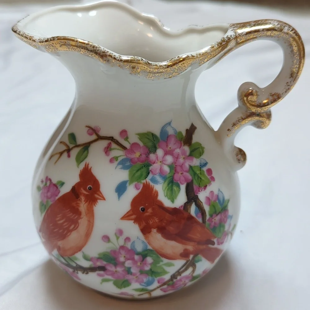 Vintage Noleans Japan Hand Painted Cardinal Birds Cherry Blossom Ceramic Pitcher
